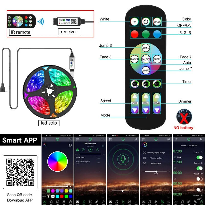 1-30M Flexible Led Strip Lights with Bluetooth APP Control USB