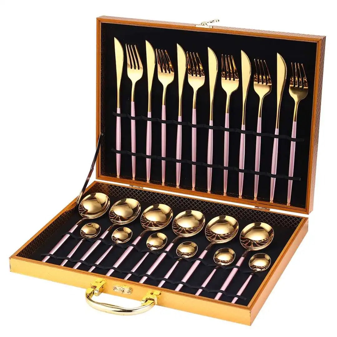 24pcs Stainless Steel Gold Tableware Set